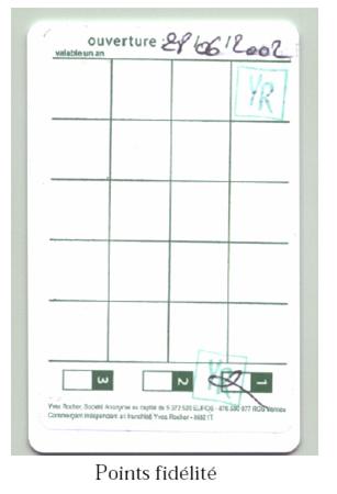 Fiche de points de fidélité d'Yves Rocher